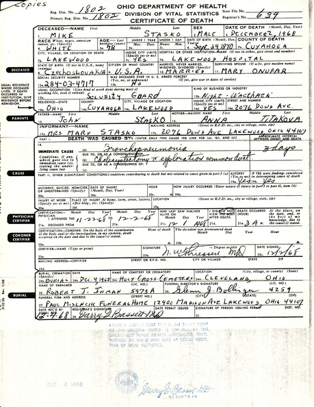 Death Certificate Stasko Michael